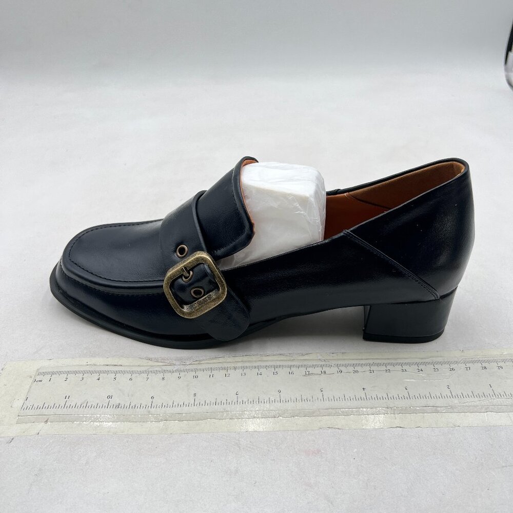 Black Women Square Toe Loafers Slip on Block Low Heel Pumps Buckle Wear Shoes